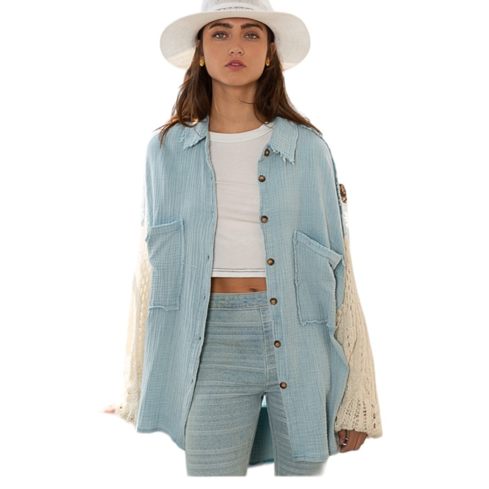 Light Blue & Cream Women's Button-Up Jacket